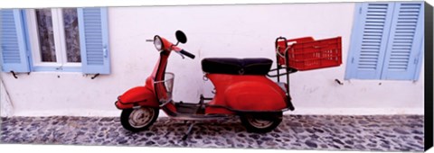 Framed Motor scooter parked in front of a building, Santorini, Cyclades Islands, Greece Print