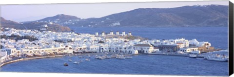Framed High angle view of a town on the waterfront, Mykonos harbor, Cyclades Islands, Greece Print
