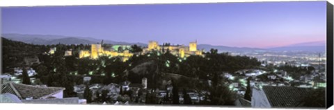 Framed High angle view of a castle lit up at dusk, Alhambra, Granada, Andalusia, Spain Print