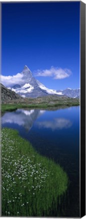 Framed Reflection of a mountain in water, Riffelsee, Matterhorn, Switzerland Print