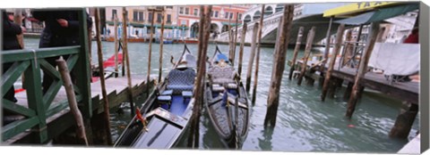 Framed Gondolas moored near a bridge, Rialto Bridge, Grand Canal, Venice, Italy Print