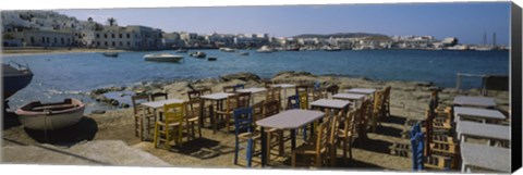 Framed Tables and chairs in a cafe, Greece Print