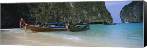 Framed Longtail boats moored on the beach, Ton Sai Beach, Ko Phi Phi Don, Phi Phi Islands, Thailand Print