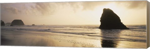 Framed Silhouette of rocks on the beach, Fort Bragg, Mendocino, California Print