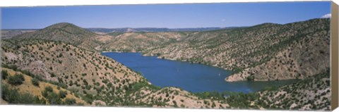 Framed High angle view of a lake surrounded by hills, Santa Cruz Lake, New Mexico, USA Print