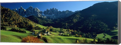 Framed Buildings on a landscape, Dolomites, Funes Valley, Le Odle, Santa Maddalena, Tyrol, Italy Print