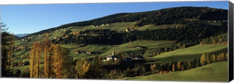 Framed Buildings on a landscape, Dolomites, Funes Valley, Tyrol, Italy Print