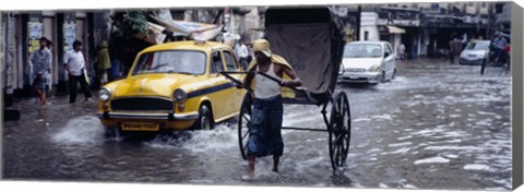 Framed Cars and a rickshaw on the street, Calcutta, West Bengal, India Print