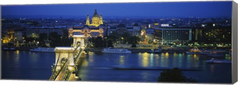 Framed High angle view of a suspension bridge lit up at dusk, Chain Bridge, Danube River, Budapest, Hungary Print