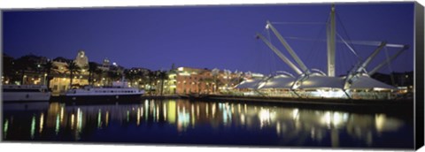 Framed Reflection of buildings in water, The Bigo, Porto Antico, Genoa, Italy Print