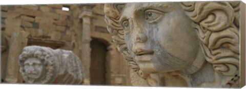 Framed Close-up of statues in an old ruined building, Leptis Magna, Libya Print