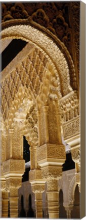 Framed Low angle view of carving on arches and columns of a palace, Court Of Lions, Alhambra, Granada, Andalusia, Spain Print