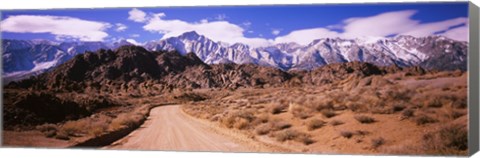 Framed Dirt road passing through an arid landscape, Lone Pine, Californian Sierra Nevada, California, USA Print