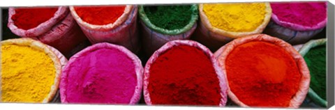 Framed High angle view of various powder paints, Braj, Mathura, Uttar Pradesh, India Print