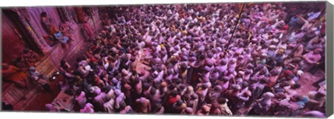 Framed High angle view of people celebrating holi, Braj, Mathura, Uttar Pradesh, India Print