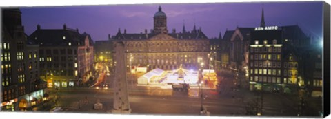 Framed High angle view of a town square lit up at dusk, Dam Square, Amsterdam, Netherlands Print