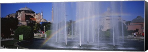 Framed Water fountain with a rainbow in front of museum, Hagia Sophia, Istanbul, Turkey Print