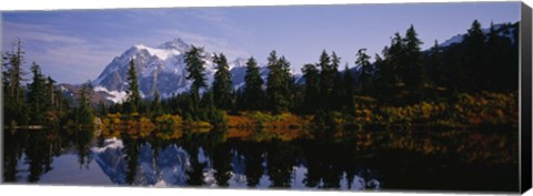 Framed Reflection of trees and mountains in a lake, Mount Shuksan, North Cascades National Park, Washington State Print