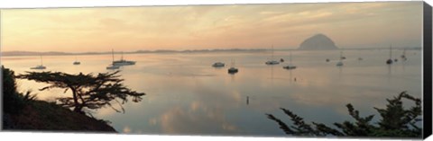 Framed Boats in a bay with Morro Rock in the distance, Morro Bay, San Luis Obispo, California, USA Print