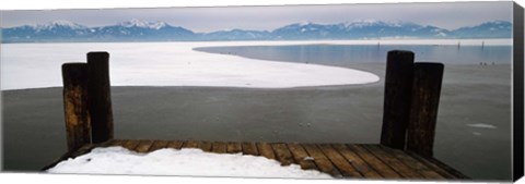 Framed Frozen lake in front of snowcapped mountains, Chiemsee, Bavaria, Germany Print