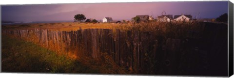 Framed Wooden fence in a field with houses in the background, Mendocino, California, USA Print