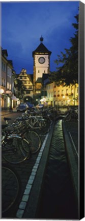 Framed Bicycles parked along a stream near a road, Freiburg, Baden-Wurttemberg, Germany Print