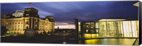 Framed Buildings lit up at night, The Reichstag, Spree River, Berlin, Germany Print