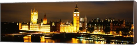 Framed Buildings lit up at night, Westminster Bridge, Big Ben, Houses Of Parliament, Westminster, London, England Print