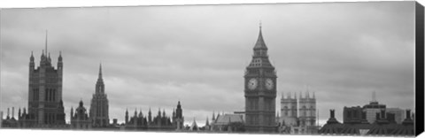 Framed Buildings in a city, Big Ben, Houses Of Parliament, Westminster, London, England (black and white) Print