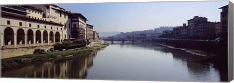 Framed Buildings along a river, Uffizi Museum, Ponte Vecchio, Arno River, Florence, Tuscany, Italy Print