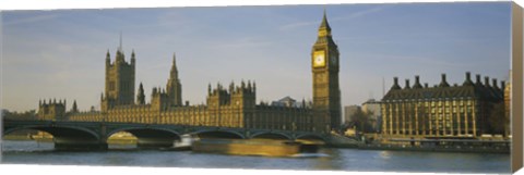 Framed Barge in a river, Thames River, Big Ben, City Of Westminster, London, England Print