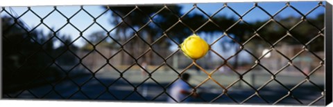 Framed Close-up of a tennis ball stuck in a fence, San Francisco, California, USA Print