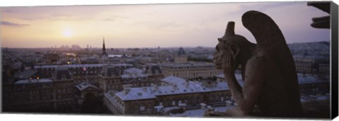 Framed Chimera sculpture with a cityscape in the background, Galerie Des Chimeres, Notre Dame, Paris, Ile-De-France, France Print