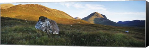 Framed Lichen covered rock in a field, Glen Sligachan, Cuillins, Isle Of Skye, Scotland Print