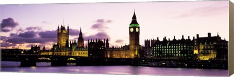 Framed Buildings lit up at dusk, Big Ben, Houses of Parliament, Thames River, City Of Westminster, London, England Print