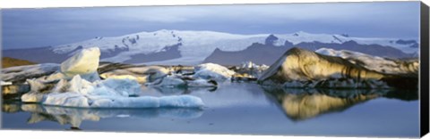 Framed Icebergs on Jokulsarlon lagoon, water reflection, Vatnajokull Glacier, Iceland. Print