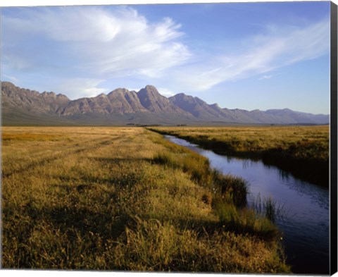 Framed River with a mountain range in the background, Hermon Farm, outside of Cape Town, South Africa Print