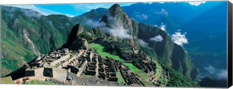 Framed High angle view of ruins of ancient buildings, Inca Ruins, Machu Picchu, Peru Print