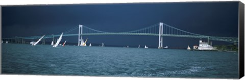 Framed Storm approaches sailboats racing past Rose Island lighthouse and Newport Bridge in Narragansett Bay, Newport, Rhode Island USA Print