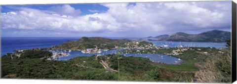 Framed Aerial view of a harbor, English Harbour, Falmouth Bay, Antigua, Antigua and Barbuda Print