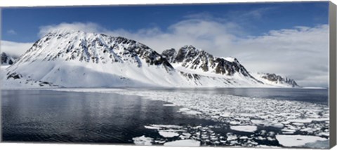 Framed Ice floes on water with a mountain range in the background, Magdalene Fjord, Spitsbergen, Svalbard Islands, Norway Print