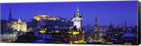 Framed Buildings lit up at night with a castle in the background, Edinburgh Castle, Edinburgh, Scotland Print