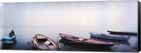 Framed Row boats in a river, Ganges River, Varanasi, Uttar Pradesh, India Print