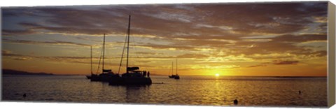 Framed Silhouette of sailboats in the sea at sunset, Tahiti, French Polynesia Print