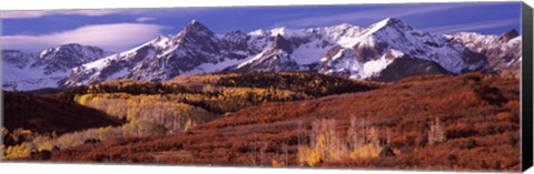 Framed Mountains covered with snow and fall colors, near Telluride, Colorado Print