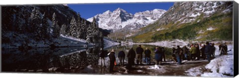 Framed Tourists at the lakeside, Maroon Bells, Aspen, Pitkin County, Colorado, USA Print