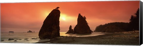 Framed Silhouette of seastacks at sunset, Olympic National Park, Washington State Print