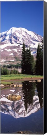 Framed Reflection of a mountain in a lake, Mt Rainier, Pierce County, Washington State, USA Print