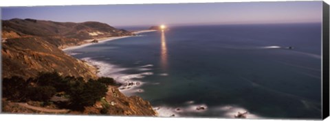 Framed Lighthouse lit up at night, moonlight exposure, Big Sur, California, USA Print