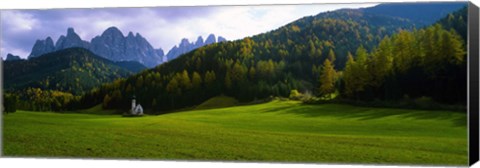 Framed Valley with a church and mountains in the background, Santa Maddalena, Val De Funes, Le Odle, Dolomites, Italy Print